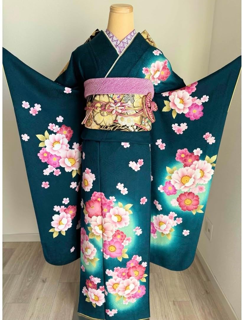 超大特価振袖フルセット 可愛い 正絹 成人式 グリーン 緑 振袖